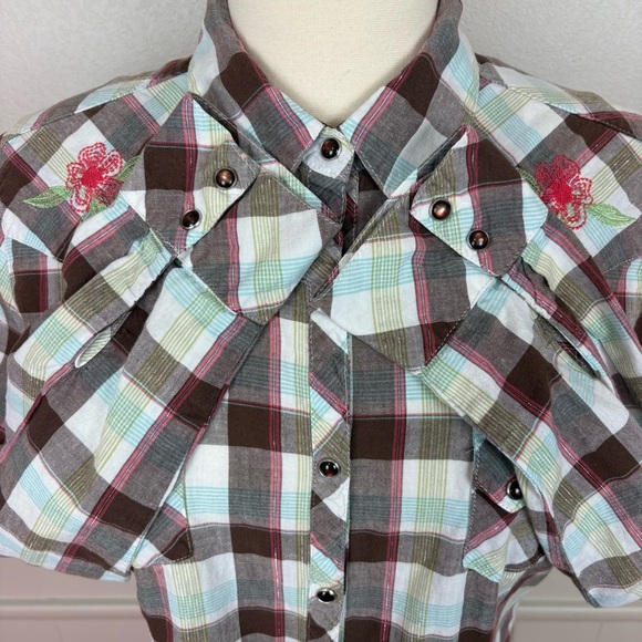 Shyanne Cotton Western Snap Front Brown Plaid Shirt Sz L Floral Embroidery Rodeo - Picture 7 of 17